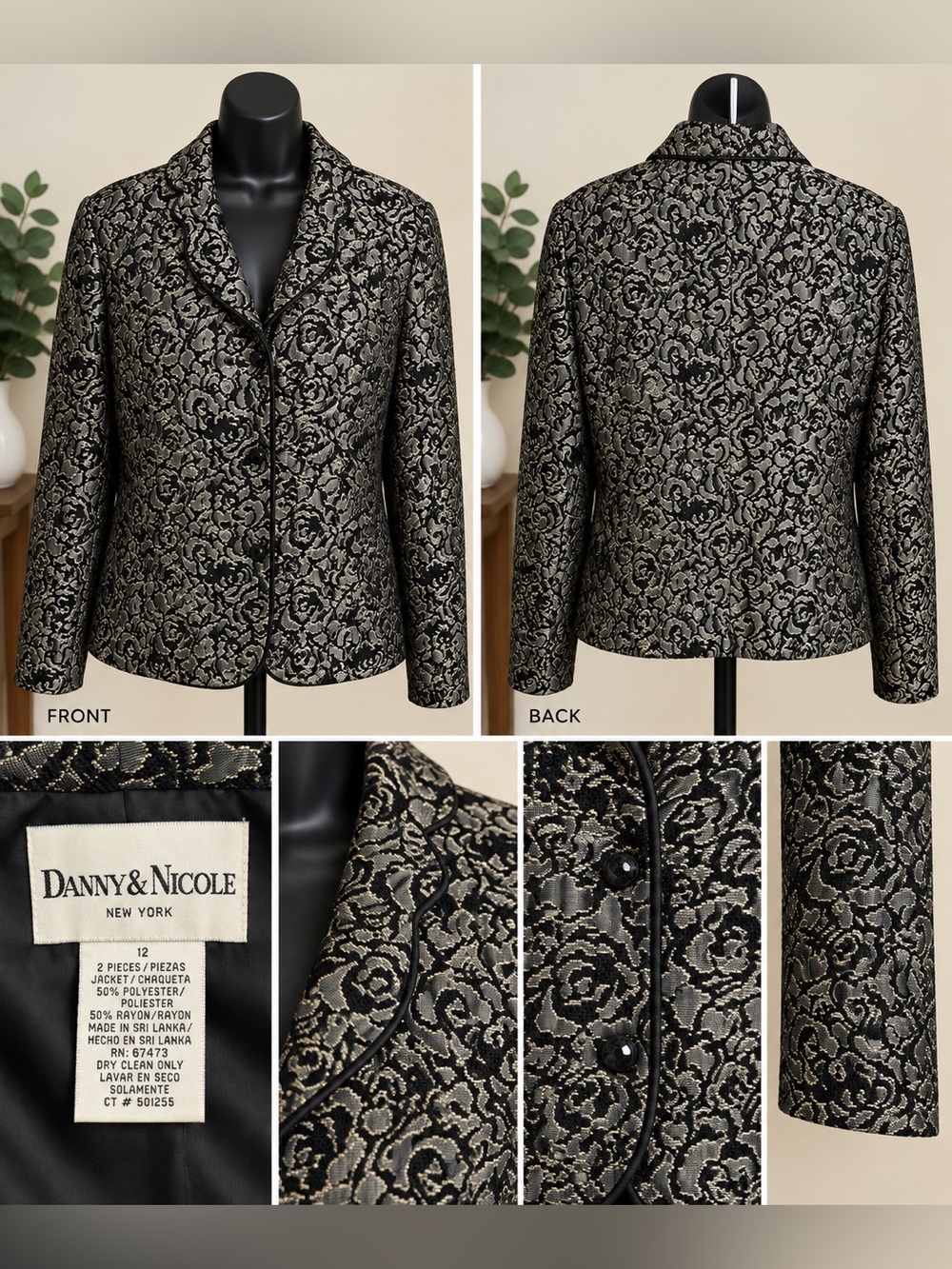 Danny & Nicole Black and Gold Floral Jacquard Blazer